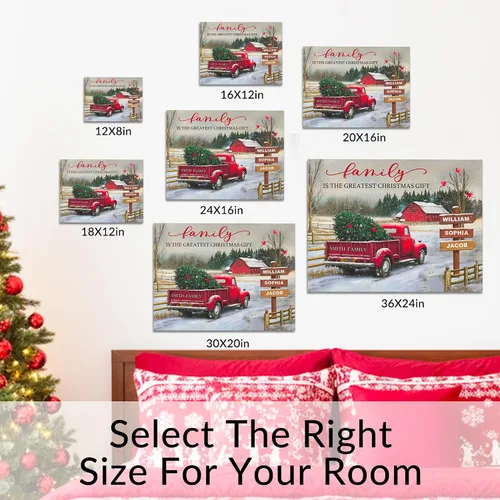 Vista 4 de Easycosy - Lienzo personalizado de Navidad para pared, póster vintage de camión rojo con nombre de familia, impresión en lienzo de Navidad