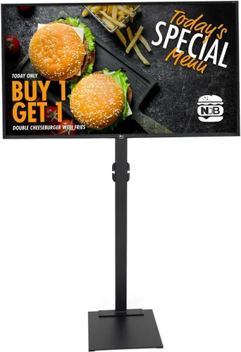 Vista 2 de Displays2go Soporte de televisión con montaje en piso, construcción de acero, orientación horizontal - negro (TVSVM3270B)