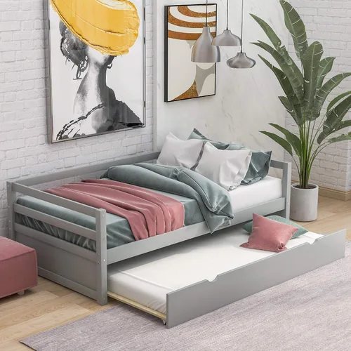 Vista 8 de P PURLOVE Sofá cama de tamaño individual con marco de cama nido, sofá cama de madera para sala de estar, habitación de invitados, dormitorio