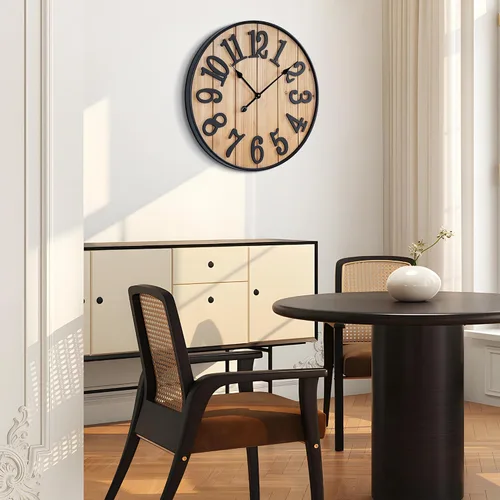 Vista 5 de Reloj de pared grande de 16 pulgadas, reloj de pared silencioso de metal estilo madera, funciona con pilas para decoración de sala de estar, reloj