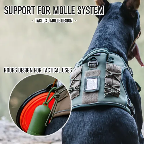 Vista 3 de Arnés táctico para perros medianos y grandes, control ajustable sin tirones con asa, chaleco reflectante resistente, talla XL Verde militar