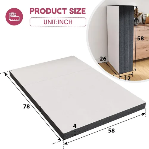 Vista 6 de Colchón plegable Queen de 4 pulgadas, colchón triple con certificado CertiPUR-US, colchón plegable con funda transpirable y lavable, colchón