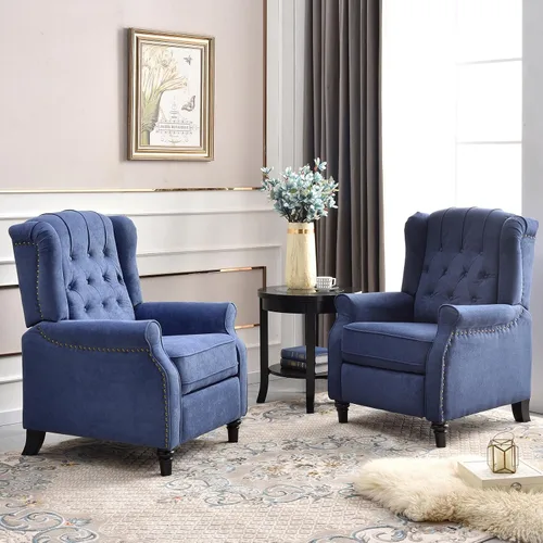 Vista 8 de 2 Sillas Reclinables Pushback, Sillones de Tela con Respaldo Reclinable y Decoración de Remaches, Sofá Individual Silla de Acento para Sala de Beige