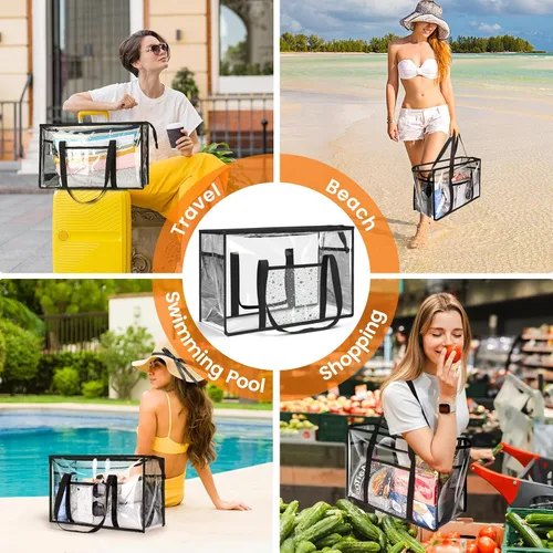 Vista 2 de Bolsa de mano transparente para playa - Bolsa impermeable de PVC aprobada para estadio - Bolsa transparente extra grande para piscina, concierto