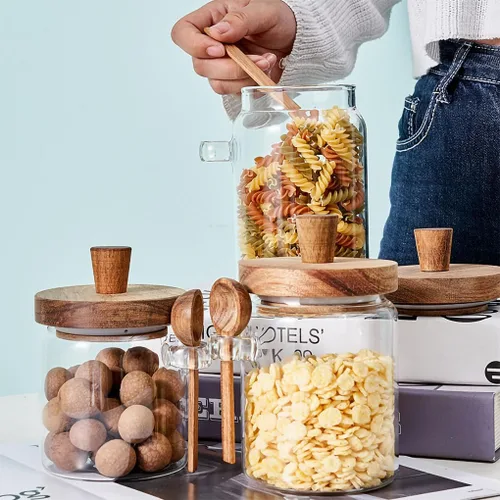 Vista 4 de WAIT FLY Tarros de vidrio con tapa de madera hermética y cuchara, recipientes de cocina para almacenamiento de alimentos para té, café, hierbas