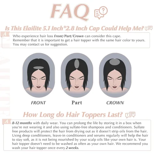 Vista 7 de Elailite Toppers para el cabello para mujeres con cabello ralo, topper de cabello humano real con flequillo, delgado, 5.1"x2.8" base de seda, Marrón