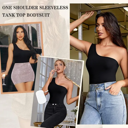 Vista 5 de Irisnaya Body de un hombro descubierto para mujer, sin mangas, liso, ajustado, leotardo de una pieza, ropa de club