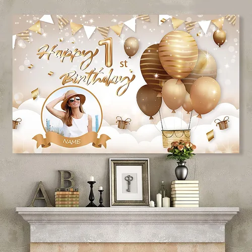 Vista 4 de Cartel de feliz cumpleaños beige personalizado para telón de fondo grande de feliz cumpleaños, globo aerostático, fiesta, interior y exterior