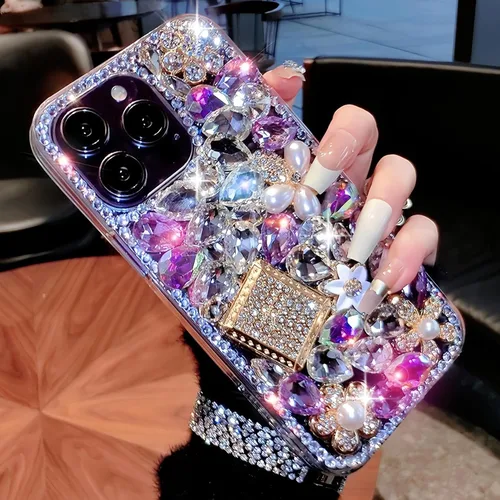 Vista 9 de Compatible con iPhone 6/6S/7/8 Bling Glitter Case Luxury Cute Sparkle Rhinestone Diamond Femenino Funda protectora para mujeres y niñas, color morado