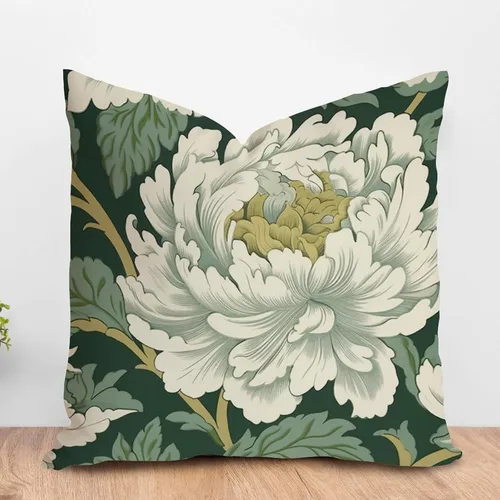 Vista 30 de ArogGeld Funda de cojín con flores verdes y blancas con flores grises y negras y hojas verdes en estilo chinoiserie, funda de almohada cuadrada