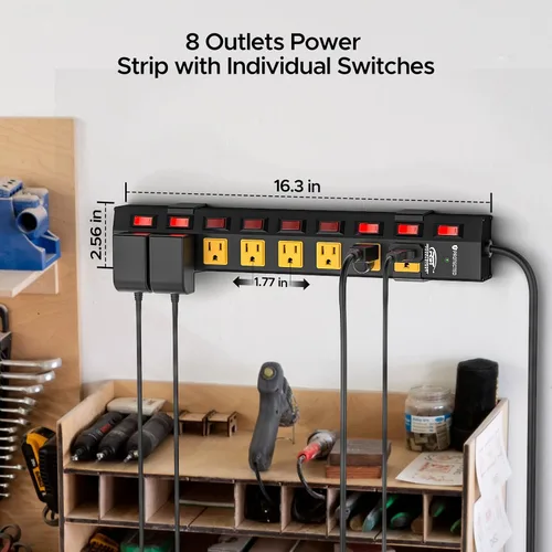 Vista 2 de Regleta de 8 tomas de alta resistencia CRST con interruptores individuales, protector contra sobretensiones de metal de 15A/1875W con interruptor