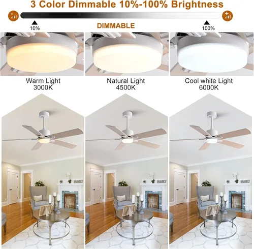 Vista 3 de Ventiladores de techo de 42 pulgadas con luces y control remoto, moderno ventilador de techo blanco con luz para dormitorio interior, 5 cuchillas