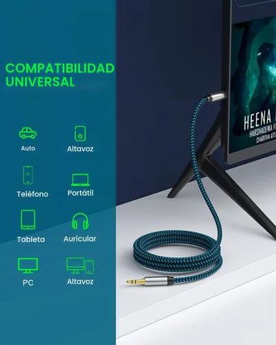 Vista 2 de Cable auxiliar de 5 pies/4.9 ft, cable de audio trenzado de nailon de 0.138 in, cable auxiliar macho a macho para automóvil, para auriculares