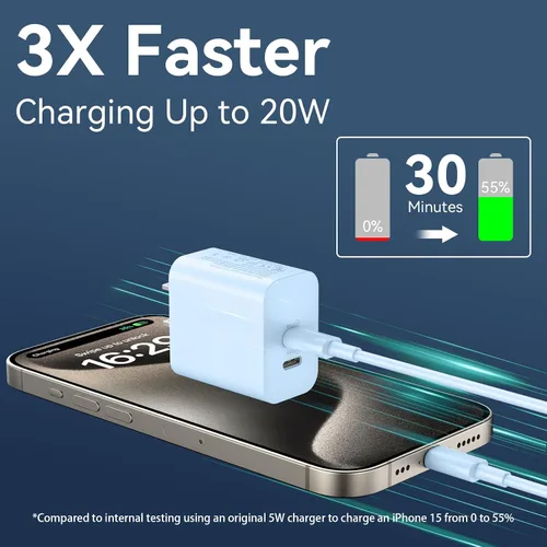 Vista 2 de Cargador rápido para teléfono 17/16/15 Pro Max, bloque de carga rápida USB C de 20 W con cable de carga USB C a C de 6 pies de largo para teléfono