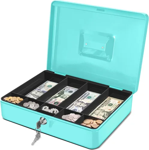 Vista 11 de Caja de Dinero Flexzion con Bandeja de Dinero y Cerradura - Caja de Dinero de Metal para Pequeñas Empresas, Caja de Dinero Negra de 9 Compartimentos