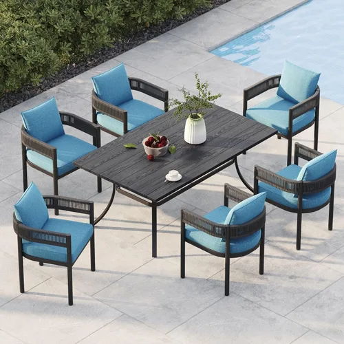 Vista 21 de Juego de comedor al aire libre Grand Patio de 5 piezas para 4, sillas de patio fijas de mimbre tejido metálico con cojines engrosados y 1 mesa