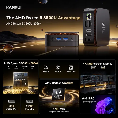 Vista 2 de KAMRUI Mini PC E1 AMD Ryzen 3500U Mini computadoras, hasta 3.7GHz