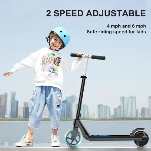 Vista 7 de LINGTENG Patinete Eléctrico para Niños de 6 a 10 Años, Patinete de Impulso con Arranque por Patada con Velocidad y Altura Ajustables, Rueda Luminosa