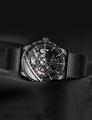 Vista 4 de Reloj mecánico automático de acero inoxidable de lujo Sapphire Fecha impermeable Fase lunar Reloj (negro), Mecánico