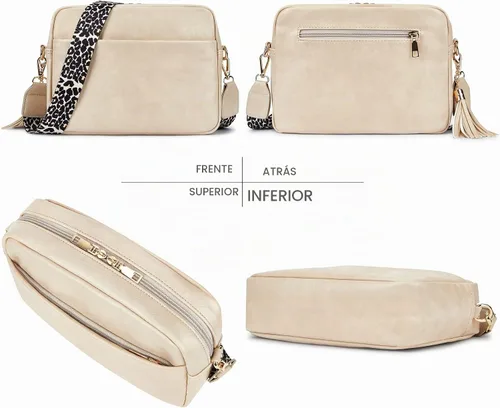 Vista 2 de Bolso cruzado de cuero para mujer con cremallera y hombro para cámara Beige