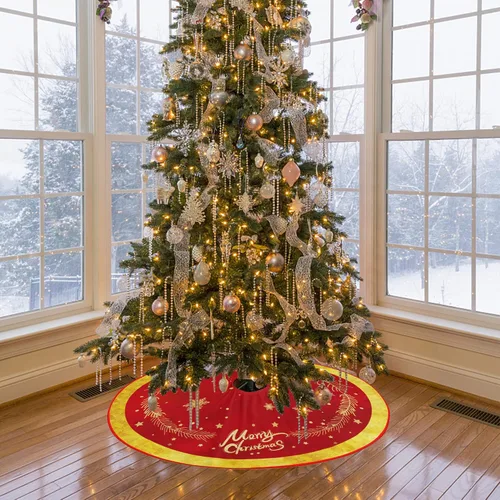 Vista 4 de Falda de árbol de Navidad, adornos de falda de árbol de Navidad roja y dorada, alfombra de árbol de Navidad de felpa suave con patrón de nieve