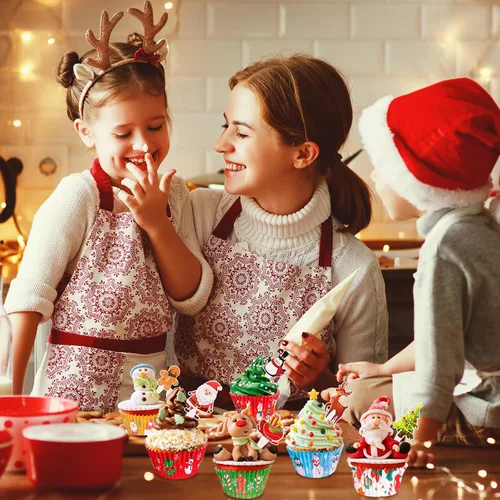 Vista 8 de Forros de cupcakes de Navidad con adornos y púas, envoltorios estándar desechables para cupcakes, tazas para hornear, forros para magdalenas