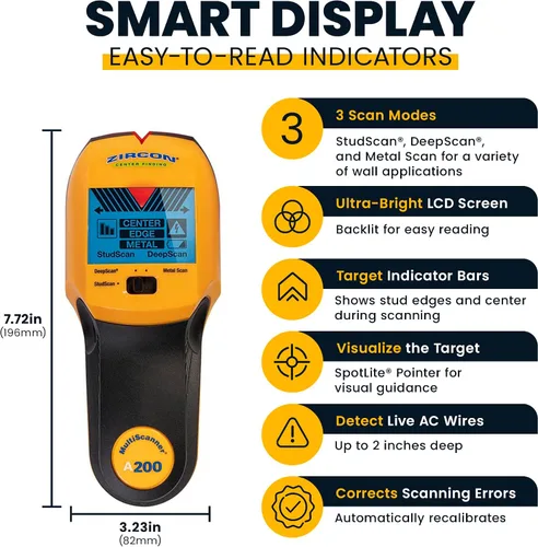 Vista 3 de Zircon MultiScanner A200 – Escáner de pared electrónico, detector de pernos y metales con detección de cables de corriente alterna en vivo, puntero