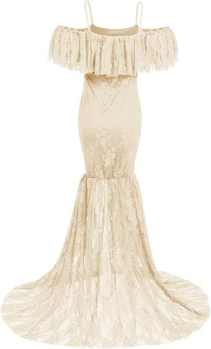 Vista 3 de Vestido de maternidad con volantes y hombros descubiertos para mujer, para fotografía, baby shower, vestido floral de sirena para sesión de fotos
