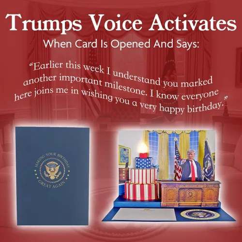Vista 5 de Donald Trump - Tarjeta de cumpleaños desplegable con voz real, luces y música, reproduce "Hail to the Chief" en oficina ovalada 3D, divertida