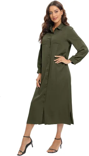Vista 5 de ETOSELL Vestido largo de manga enrollada con botones y abertura para mujer, elegante, casual, con cinturón