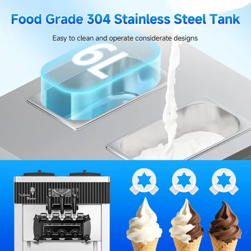 Vista 5 de Máquina de Helado de Servicio Suave, Rendimiento de 28 QT/H, 2450W, Máquina de Helado Comercial de Encimera con Tolva de 2x6L, 3 Dispensadores
