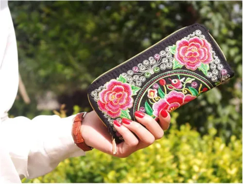 Vista 2 de Onlineb2c Cartera de lona bordada china para mujer (flores moneda árbol)