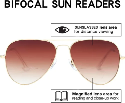 Vista 4 de LianSan Gafas de sol de lectura para exteriores, lentes bifocales de metal marrón degradado para hombres y mujeres, lentes grises con montura