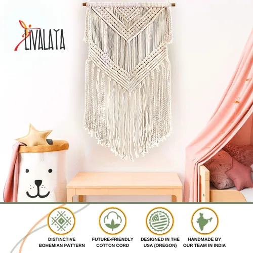 Vista 8 de Livalaya Tapiz bohemio tejido de macramé para colgar en la pared, color beige, 16 x 36 pulgadas, moderno tapiz bohemio para decoración de pared
