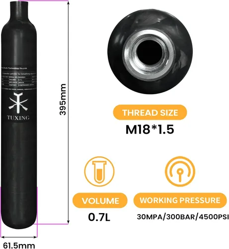 Vista 8 de TUXING Sistema de tanque de paintball de aire comprimido HPA de fibra de carbono I 0.7L/42Cu en/700CC Pcp Air Tank I PCP Tank 4500 psi, sistema
