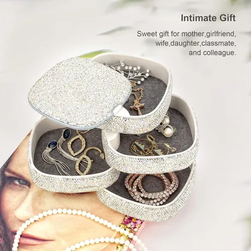 Vista 2 de UPPWOO Bling Jewelry Organizer - Caja de almacenamiento portátil pequeña para joyas, estuche brillante para mujeres, bandeja de joyería giratoria