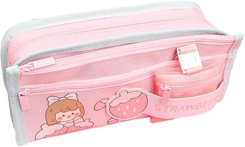 Vista 3 de Bolsa de lápices Kawaii de malla popular para estudiantes, bolsa de papelería japonesa de gran capacidad, bonita bolsa de papelería (sombrero rosa)