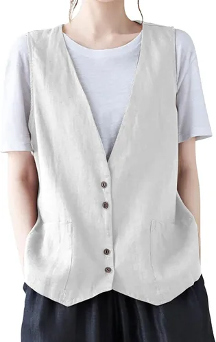 Vista 14 de COTECRAM Chaleco de lino de algodón para mujer, casual, sin mangas, con botones, ligero, para verano, holgado, ropa de abrigo