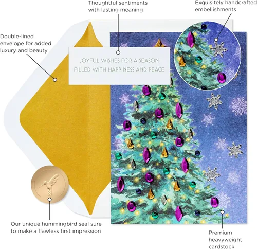 Vista 2 de Papyrus - Tarjeta de árbol de Navidad con copos de nieve metálicos (Deseos alegres)