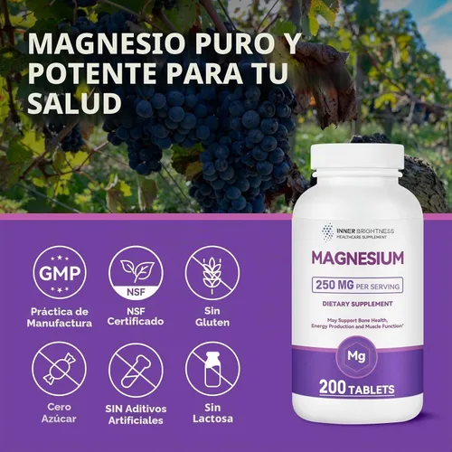 Vista 3 de Suplemento de magnesio puro de 250 mg con calcio, tabletas de magnesio de alta absorción para fuerza ósea, función muscular, relajación y apoyo