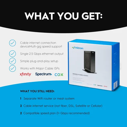 Vista 2 de Hitron CODA56 Módem de Internet por Cable SOLO - DOCSIS 3.1 2.5 Gbps SIN WiFi - Requiere Router Compatible con Xfinity/Spectrum/Cox NO
