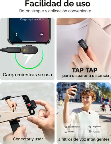Vista 7 de MAONO Wave T1 Mini Micrófono Lavalier inalámbrico para iPhone Android Phone PC, cancelación de ruido AI, rango de 328 pies, filtro de voz, batería