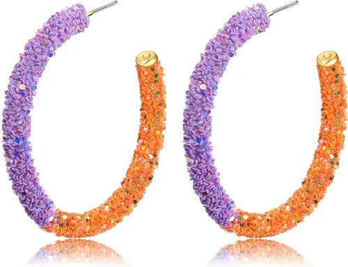 Vista 5 de Aretes de aro con purpurina para el día del juego, aretes de aro brillantes de doble colores para el día del juego, regalo de joyería para fanáticos