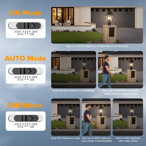 Vista 3 de LUTEC Lámpara de poste solar al aire libre con sensor de movimiento, luz de poste impermeable del atardecer al amanecer con tres modos, accesorios