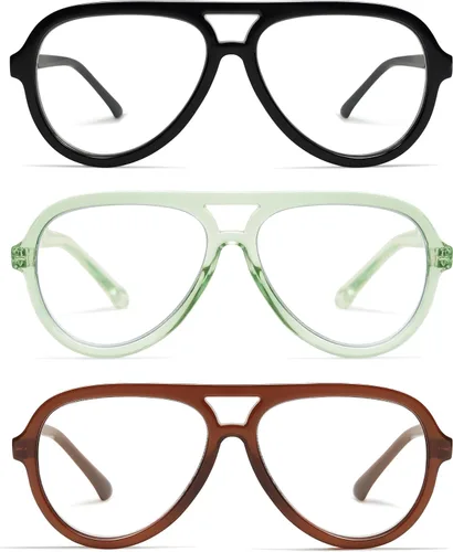 Vista 9 de AMOMOMA Paquete de 3 Gafas de Lectura Aviador Retro Extragrandes para Mujeres y Hombres, Marco Grande Clásico con Filtro de Luz Azul
