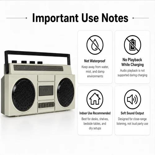 Vista 8 de Sourcingbay - Mini altavoz Bluetooth retro, recargable por USB, color gris 2W close range sound for desks shelves bedside tables display styling