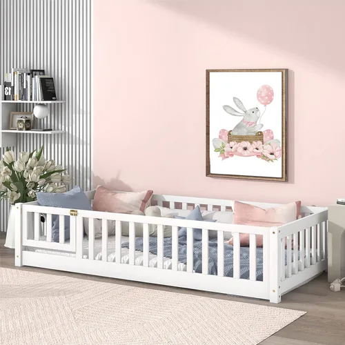 Vista 11 de Tatub Cama de suelo individual con barandillas de seguridad y puerta y listones, marco de cama Montessori de madera para niños y niñas, tamaño Gris