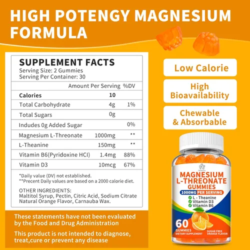 Vista 2 de Paquete de 2 gomitas de L-treonato de magnesio de 1000 mg para niños y adultos, treonato de magnesio de alta absorción con L-teanina vitamina D3