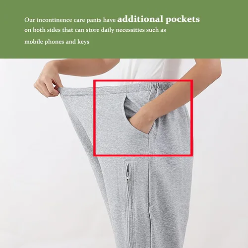 Vista 4 de Pantalones recortados con catéter, bolsa de orina, pantalones recortados para hombres y mujeres, pantalones de cuidado de incontinencia de doble
