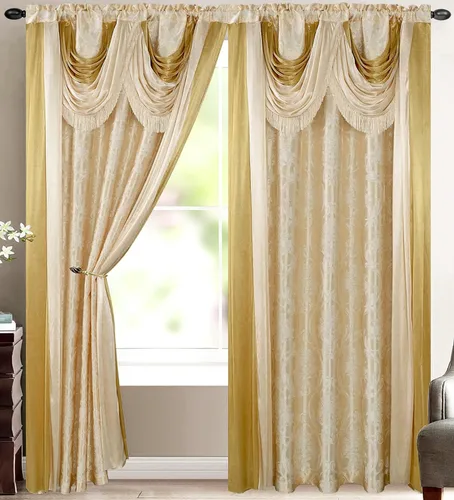 Vista 10 de V Bella - Panel de cortina jacquard de lujo con cenefa de cascada adjunta y bufanda, 54 x 84 pulgadas, color beige